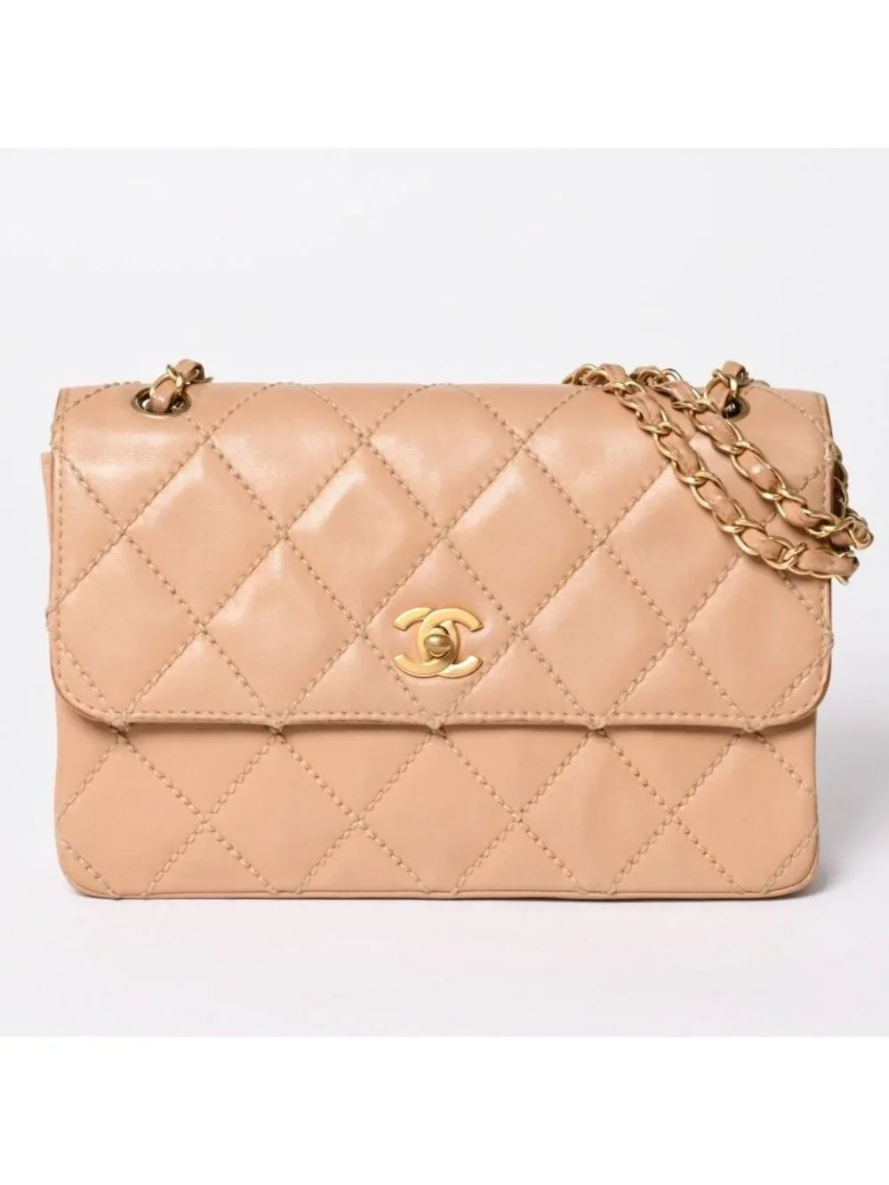 Chanel Wild Stitch Quilted 25 Chain Shoulder Bag CC Logo Calfskin Beige